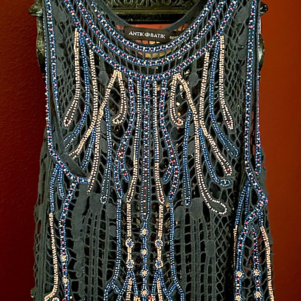 ANTIK BATIK Boho Beaded Crochet Sleeveless Top Dark Blue Multicolor Beads Size L